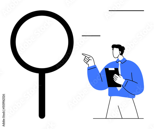 Large magnifying glass beside businessperson pointing and holding clipboard. Ideal for research, analysis, exploration, investigation, inquiry, problem-solving, decision-making. Flat simple metaphor