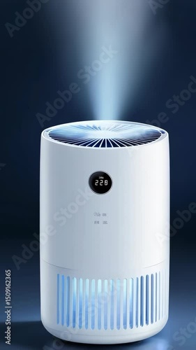White air purifier operating, cleaning air with blue light emission on dark background in studio setting for healthy indoor environment.