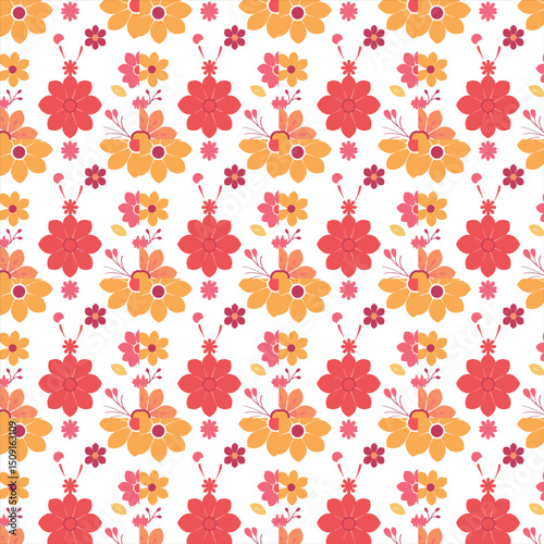 Spring leaves and camomile flowers, abstract geometric seamless pattern on a blue background, vector. For printing on fabrics, clothing, cosmetic packaging, booklets. wallpapers for social media