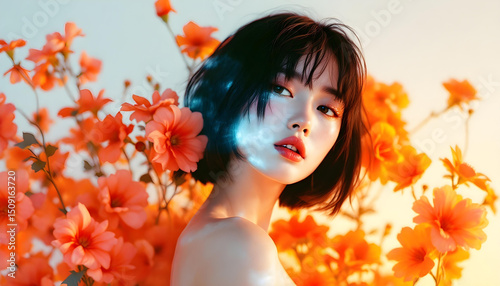 ファンタジーストーリー（花々に彩られた空間で、ファッショナブルなチェーンネックレスを纏う女性）