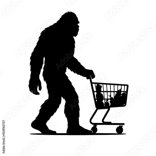 Bigfoot Shopping with Cart Silhouette Vector