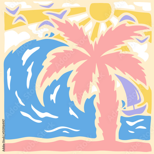 Bright and sunny cheerful summer mood lanscape with sea waves, palm tree, coast, seagulls and clouds in soft pastel colors, naive matisse style.