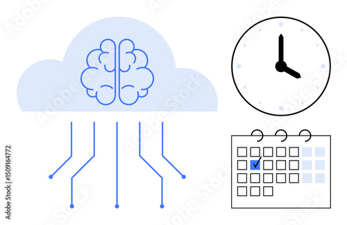 Digital brain in cloud with connected lines, clock for time tracking, calendar for event scheduling. Ideal for artificial intelligence, cloud computing, productivity, time management, task planning