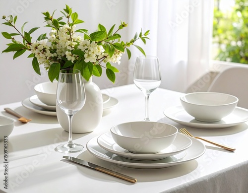 Minimalist tableware and cutlery mockup on a matte white dining table with elegan