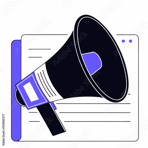 Megaphone on document announcement marketing advertising promotion public relations communication vector illustration