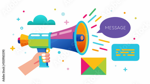 Colorful Megaphone with Hand Announcing a Message for Marketing and Communication