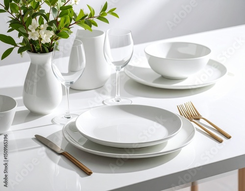 Minimalist tableware and cutlery mockup on a matte white dining table with elegan