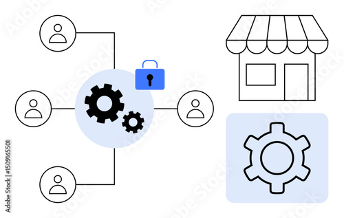 Gears illustrating workflow, security lock, connected profiles, business storefront, and settings gear. Ideal for teamwork, process, security, e-commerce strategy management simple landing page