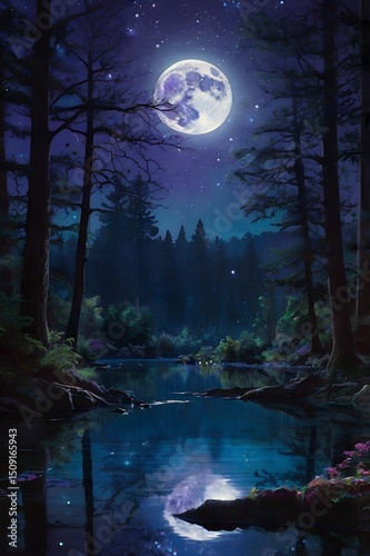 Luminous full moon reflecting over a tranquil river in an enchanted forest.