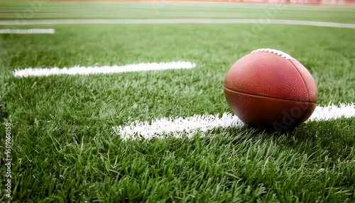 Close-Up of Football on Gridiron Turf with Yard Marking Lines