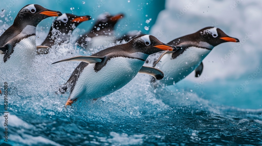 Fototapeta premium Group of penguins swimming together in icy waters nature scene animal content cold environment aerial view wildlife adventure