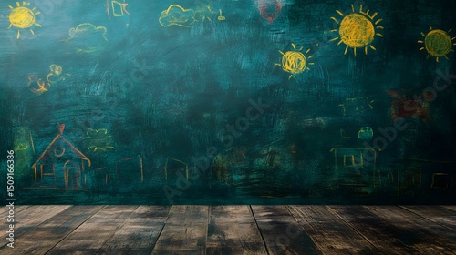 Child's drawings on a teal chalkboard backdrop. photo