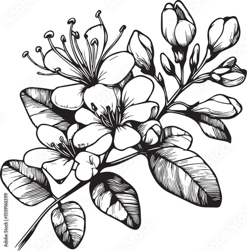 Vector illustration of beautiful honeysuckle flowers bouquet, hand-drawn coloring book of artistic, blossom flowers honeysuckle isolated on white background, sketch art leaf branch botanic collection 