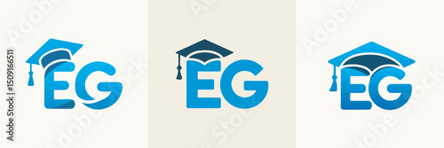 Three variations of a logo design featuring the letters EG with a graduation cap