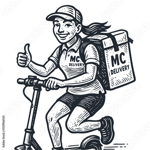 Cheerful female courier on an electric scooter with a delivery backpack gives a thumbs up. "MC Delivery" logo. Retro woodcut style vector.