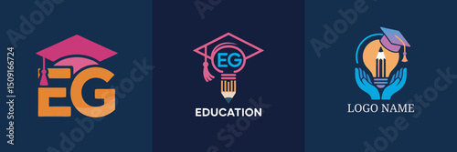 Three creative education logo designs featuring initials EG, a graduation cap, pencil, and lightbulb.