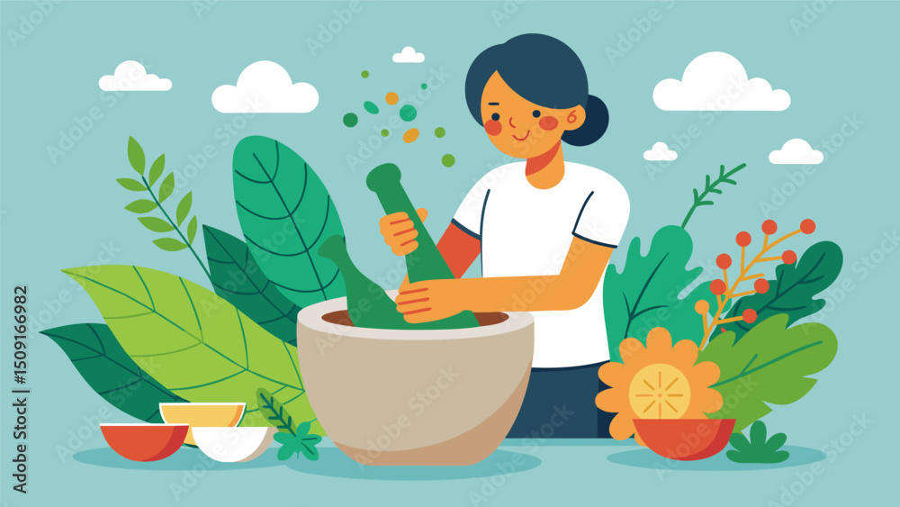 A mortar and pestle filled with fragrant herbs and es patiently crushed together to create a homemade salsa verde.. Vector illustration