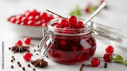 Spicy Lingonberry Chutney in Glass Jar with Cherries and Spices