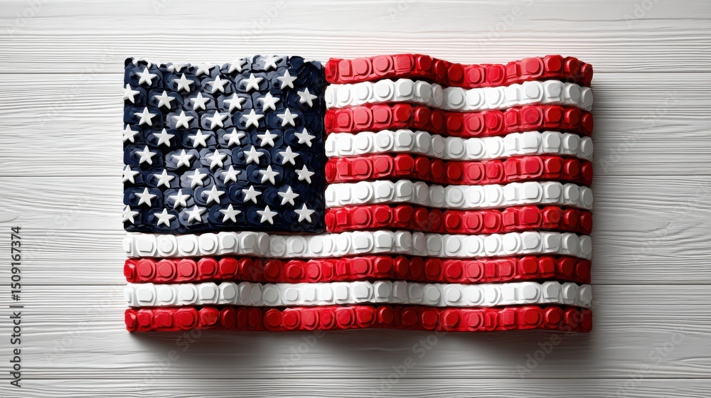Obraz premium Patriotism in Miniature: Stylized American Flag Icon Made of Paper Tiles on Light Wooden Table (Top-Down View)
