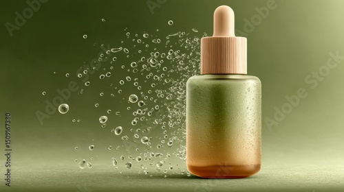 Glass dropper bottle with water splash on green background for skincare concept. photo