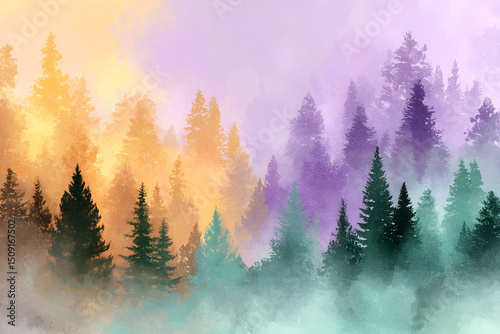 Colorful misty forest with pine trees in vibrant gradient hues of orange, purple and teal creating a dreamy and atmospheric landscape photo