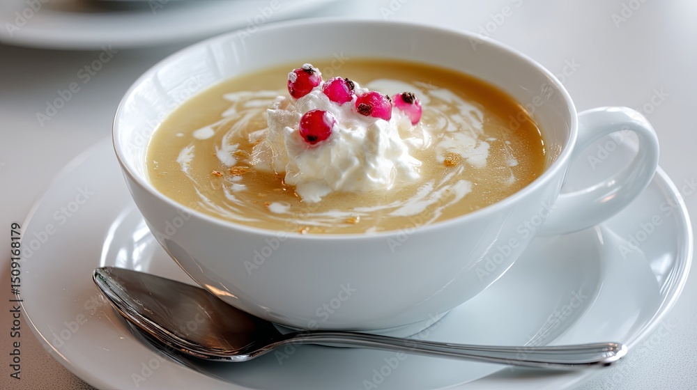 Scandinavian Fruit Soup in White Bowl with Cream - Delicious Dessert Concept Scandinavian Fruit Soup in White Bowl with Cream - Delicious Dessert Concept
