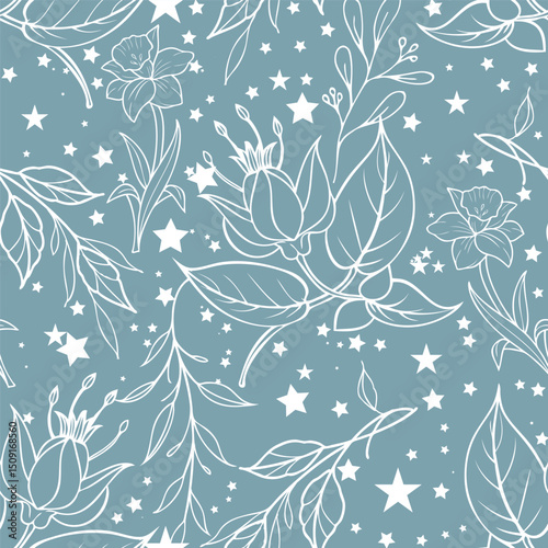 Seamless pattern with flowers and floral elements, nature life, vector illustration