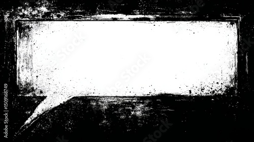Grungy black and white speech bubble frame with splatter texture on dark background.