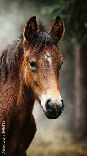 Young horse stands in misty forest, showcasing its gentle features and serene expression while surrounded by nature
