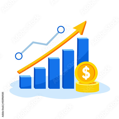 Financial growth chart with rising dollar symbol, arrow, graph, profit, business, success, and more