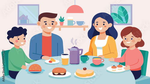 A family sits around the breakfast table chatting and laughing as they share a simple yet hearty meal of api and pastel.. Vector illustration