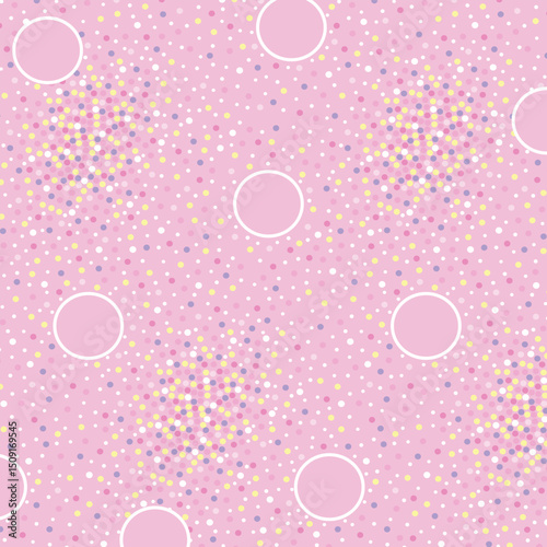 Scattered, random circles seamless repeat pattern background vector.