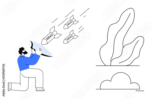 Man kneels, using a shield to block DDoS attack missiles. Ideal for cybersecurity, protection, IT solutions, resilience, digital defense, online safety, simple landing page