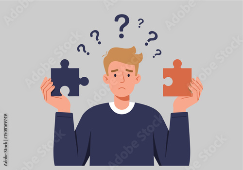 Man Confused by Puzzle Pieces, Vector Illustration