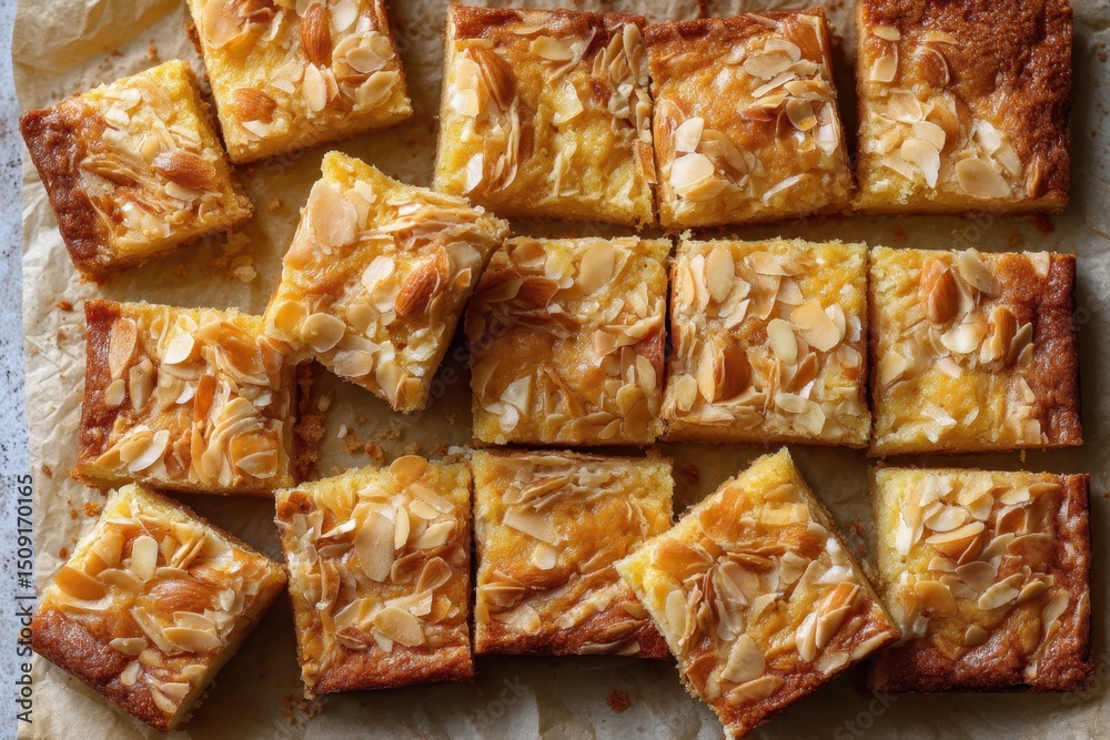 Fototapeta premium Butterkuchen mit Mandeln traditioneller deutscher Blechkuchen mit Hefeteig und knusprigen Mandelblättchen süßes Gebäck vom Blech hausgemachter Kuchen mit Zucker und Butter goldbraun gebacken Nahaufnah