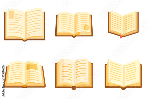 Simplicity meets Vibrancy: CartoonStyle Open Books on a Green Background. A set of four open books on a green background.