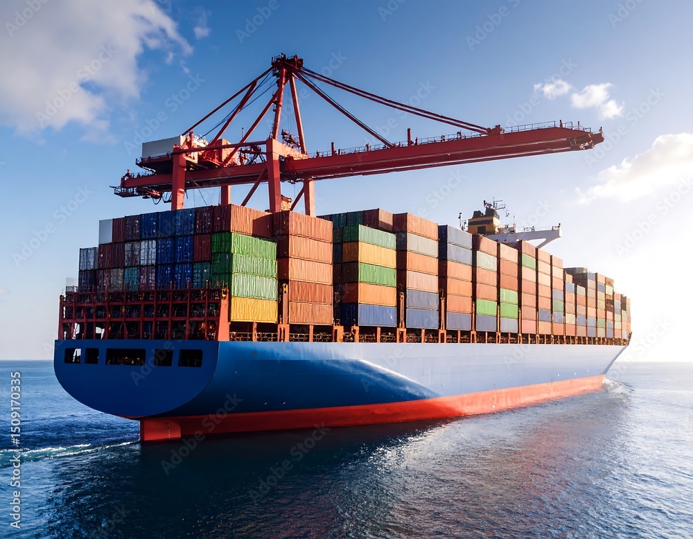 Fototapeta premium Large container ship at sea, under a crane