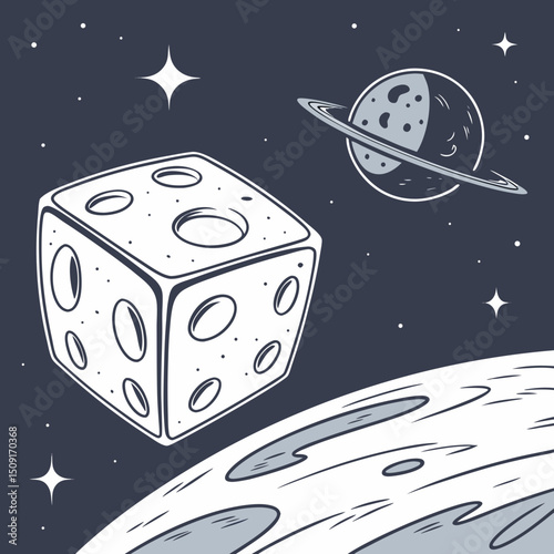 Ice cube orbiting tiny frozen planet in dark space