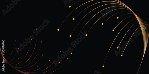 Abstract Golden Lines and Dots on Black Background. Dynamic abstract design featuring curved golden lines and small, luminous golden dots against a pure black backdrop.