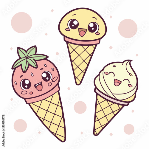 Icon pack of pastel ice cream flavors with faces