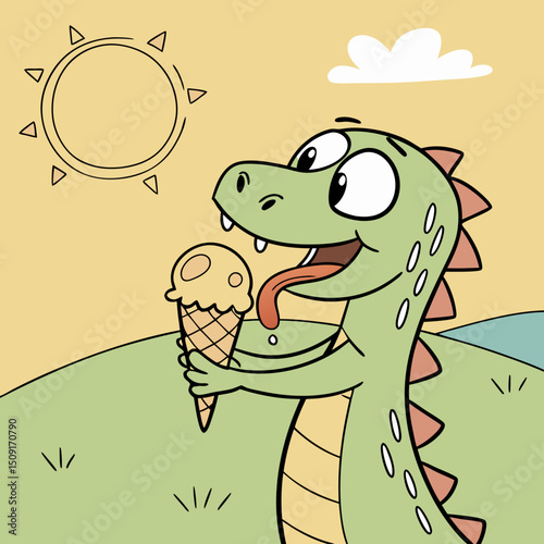 Happy dinosaur licking melting ice cream under sun