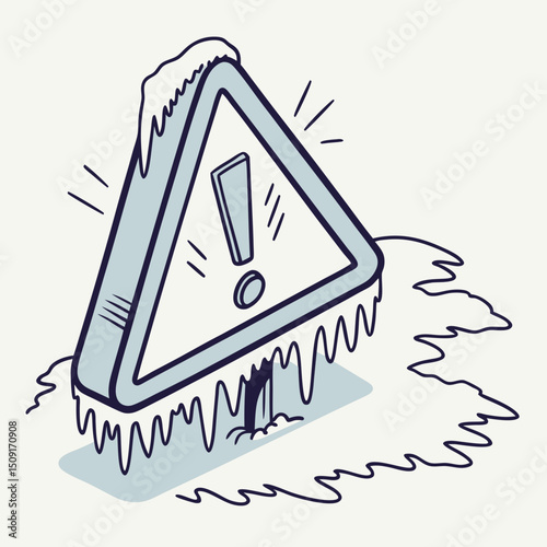 Cold warning triangle with ice spikes and frosty shadow
