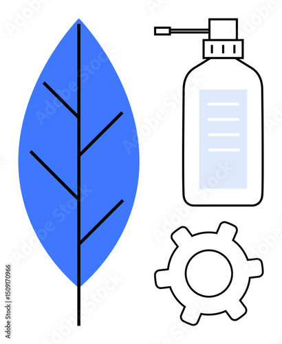 Leaf, spray bottle, and gear symbolizing eco-friendly technology, biodegradable solutions, and sustainability. Ideal for environment, innovation, green energy, clean production ecology product
