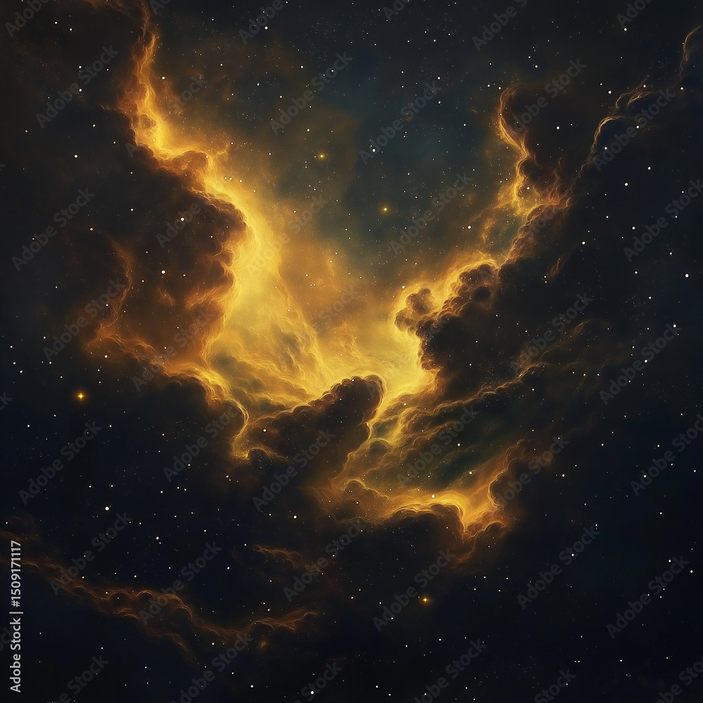 Fototapeta premium Glowing Gold Nebula in Dark Space with clouds background