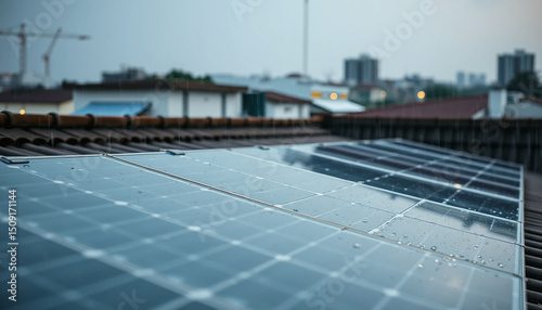 Modern solar panels on rooftop glisten with raindrops, showcasing renewable energy