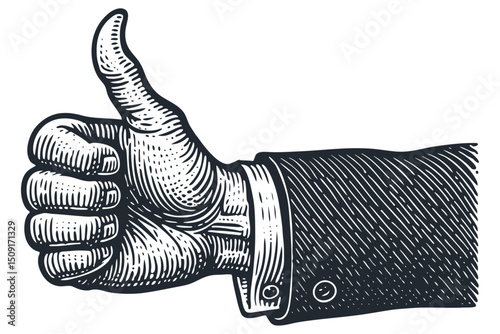 Hand in a suit sleeve gives a thumbs up gesture of approval, success, or like. Vintage woodcut or engraving style vector illustration. Monochrome.