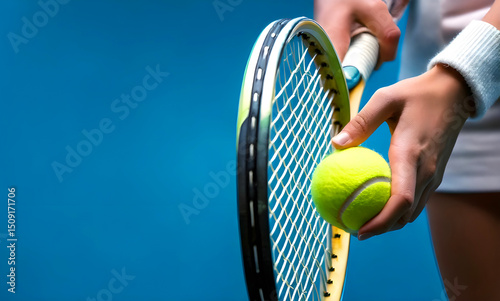 Female tennis player preparing to serve, holding ball and racket