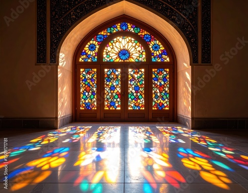 Ornate archway with colorful stained glass window  casting vibrant patterns on polished floor