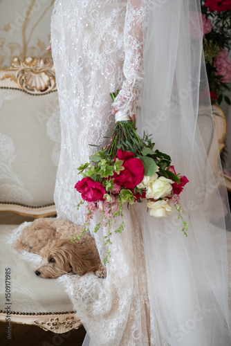 Bride in lace dress holding red, white, and pink rose bouquet standing next to small dog lying on vintage upholstered sofa. Studio wedding photography. Bridal preparation and wedding morning concept. 