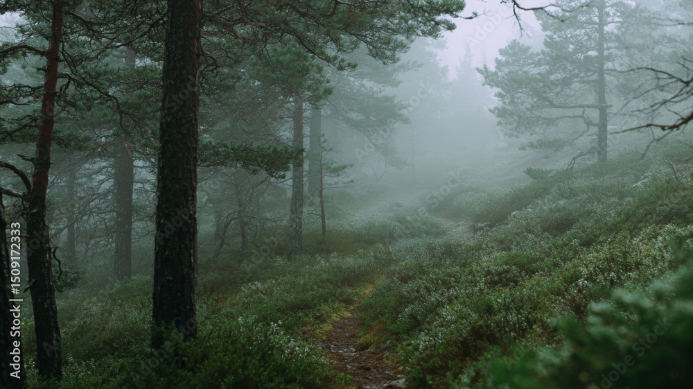 Obraz premium Narrow Forest Trail in a Misty Pine Woodland Covered with Green Vegetation on a Foggy Morning